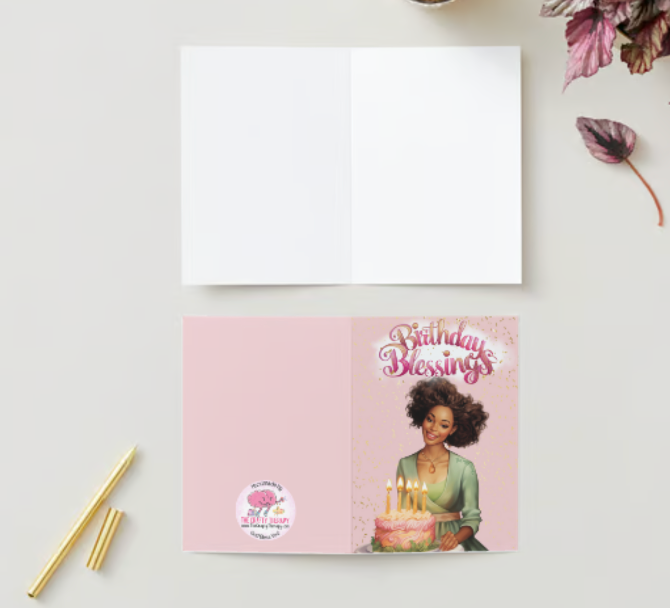 Blessed Birthday Wishes African-American Woman Pink and Green 5x7 Greeting Card BLANK INSIDE #BDFPG3