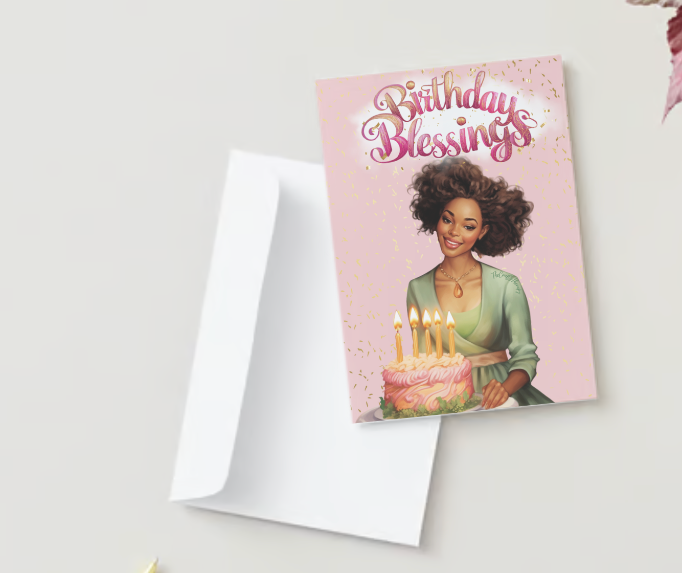 Blessed Birthday Wishes African-American Woman Pink and Green 5x7 Greeting Card BLANK INSIDE #BDFPG3