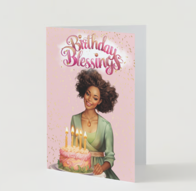 Blessed Birthday Wishes African-American Woman Pink and Green 5x7 Greeting Card BLANK INSIDE #BDFPG3