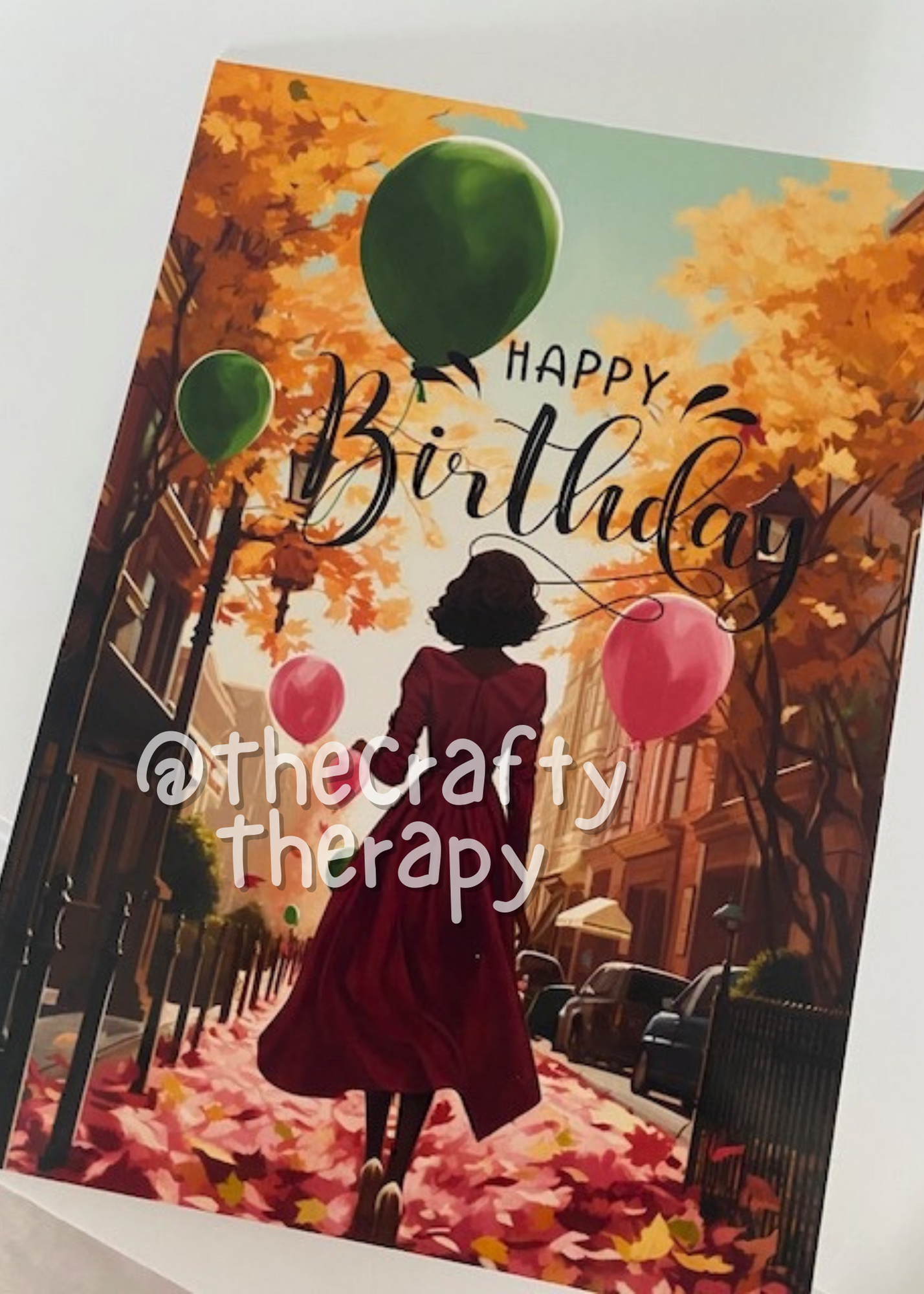 Happy Birthday Fall Pink Lady walking 5x7 Greeting Card BLANK INSIDE Design #58