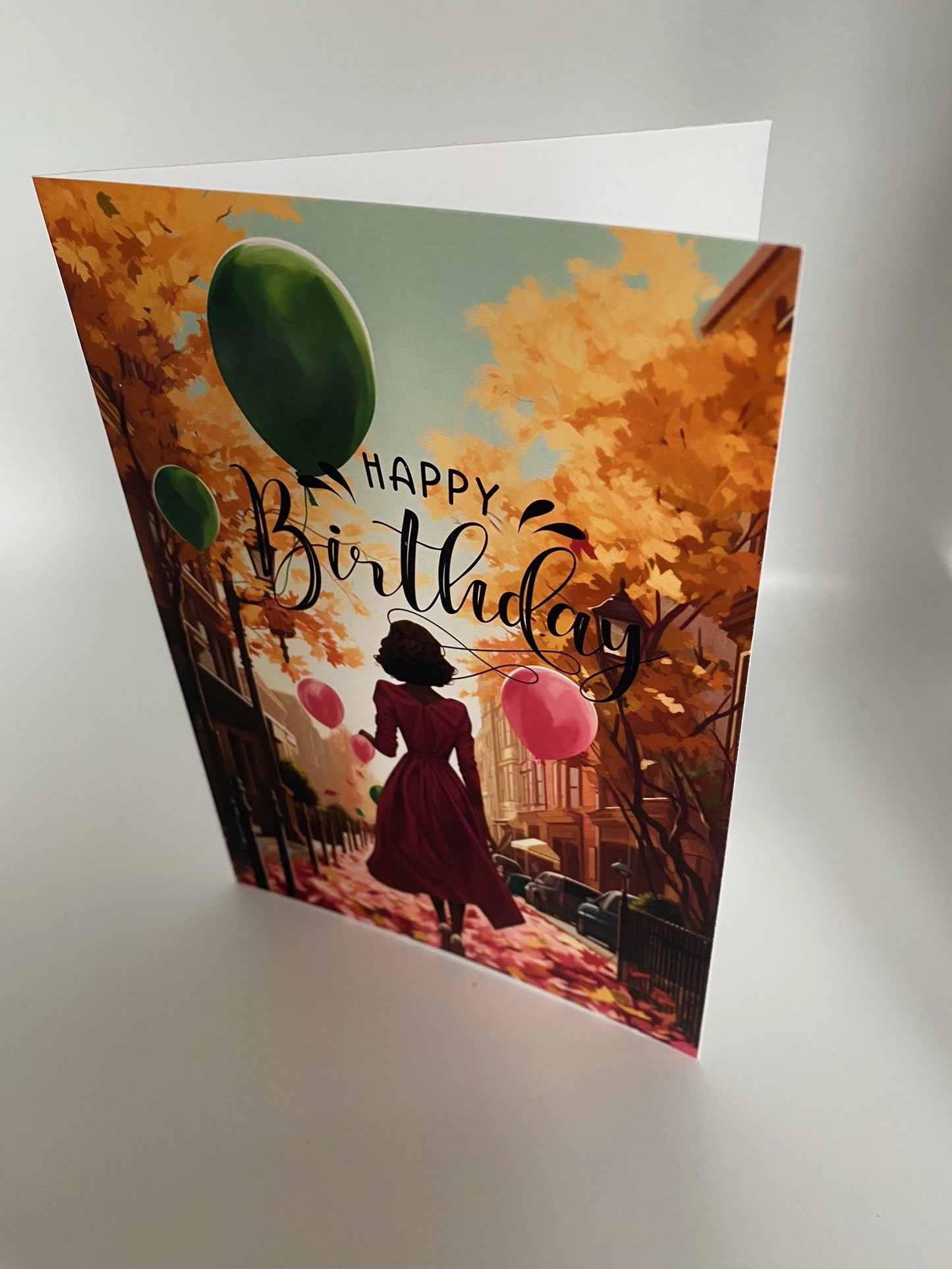 Happy Birthday Fall Pink Lady walking 5x7 Greeting Card BLANK INSIDE Design #58