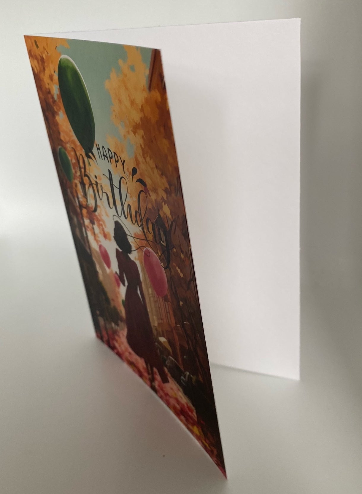 Happy Birthday Fall Pink Lady walking 5x7 Greeting Card BLANK INSIDE Design #58